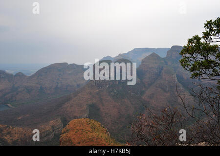 Südafrika: Blyde River Canyon im Nebel mit den Drei Rondavels, riesigen runden Felsen dachte, erinnert an die Hütten der eingeborenen Völker zu sein Stockfoto