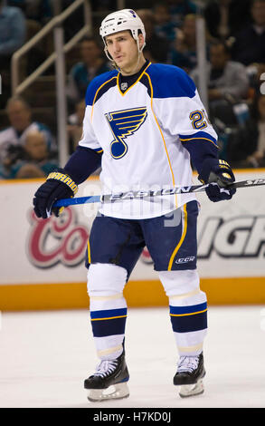 6. Januar 2010; San Jose, CA, USA; St. Louis Blues Center Alexander Steen (20) während der ersten Periode gegen die San Jose Sharks im HP Pavilion. San Jose besiegte St. Louis 2-1 in der Überstunden. Stockfoto