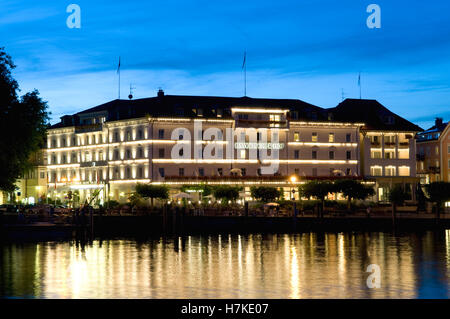 Hotel Bayerischer Hof bei Nacht, Lindau, Bodensee, Bayern Stockfoto