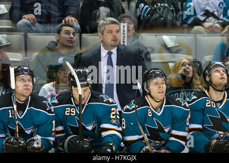23. März 2011; San Jose, CA, USA;  San Jose Sharks Cheftrainer Todd McLellan steht auf hinter seinem Team auf der Bank gegen die Calgary Flames in der ersten Phase im HP Pavilion. Stockfoto