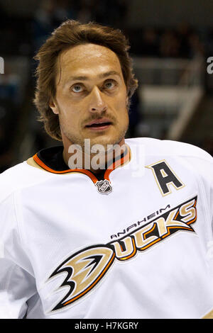 2. April 2011; San Jose, CA, USA;  Anaheim Ducks rechten Flügel Teemu Selänne (8) erwärmt sich vor dem Spiel gegen die San Jose Sharks im HP Pavilion. Stockfoto