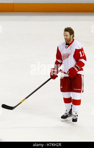 1. Mai 2011; San Jose, CA, USA;  Detroit Red Wings Rechtsaußen Daniel Cleary (11) erwärmt sich vor Spiel 2 der western Conference Halbfinale der 2011 Stanley Cup Playoffs gegen die San Jose Sharks im HP Pavilion. San Jose besiegt Detroit 2: 1. Stockfoto