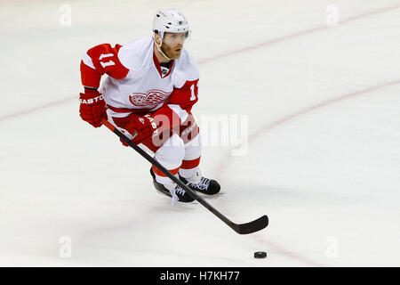 8. Mai 2011; San Jose, CA, USA;  Detroit Red Wings direkt Flügel Daniel Cleary (11) Schlittschuhe mit dem Puck gegen die San Jose Sharks in der zweiten Periode des Spiel fünf der western Conference Halbfinale der Stanley Cup Playoffs 2011 im HP Pavilion. Stockfoto