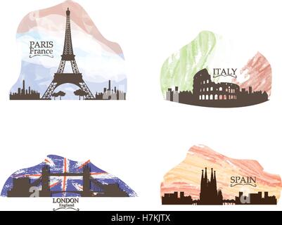 Reihe von verschiedenen Skylines auf weißem Hintergrund, Vektor-illustration Stock Vektor