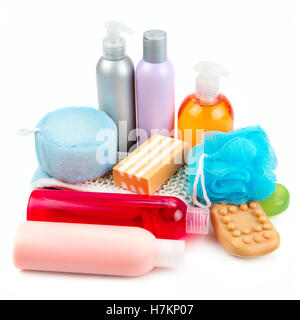 Reihe von Pflegeprodukten für Baden isolierten auf weißen Hintergrund Stockfoto
