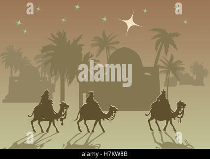 Stilisierte Darstellung der biblischen Weihnachten: three Wise Men sind der neue König von Jerusalem Jesus Christus nach seiner Geburt zu besichtigen. Stockfoto