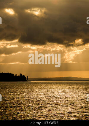 See bei Dämmerung, Silhouette des Waldes und dramatischer Himmel mit Sonnenstrahlen. Dunkle und launische Natur Hintergrund. Stockfoto