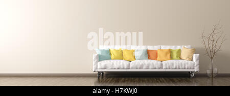 Modernes Interieur aus Wohnzimmer mit weißen Sofa, lebendige Kissen und Vase mit Zweig Panorama 3D-Rendering Stockfoto