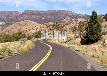 Zwei Lane Blacktop Straße führt durch malerische Landschaft Stockfoto