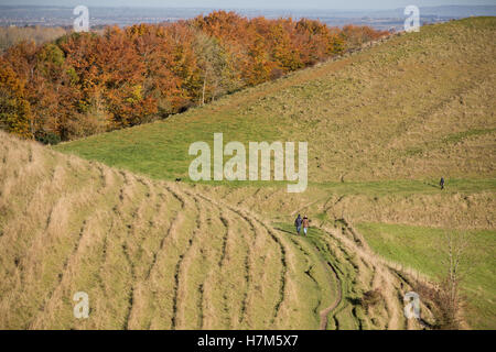 Cley Hill, Warminster, Wiltshire, UK. 6. November 2016. Am frühen Morgen Frost wich einer glorreichen frühen Nachmittag Sonnenschein über der antiken Landschaft-Funktion in der Nähe von Longleat Safari Park. Wanderer trotzten die frischen und windigen Bedingungen auf dem Gipfel der historischen Wallburg in atemberaubende Aussicht über die Landschaft Wiltshire zu. Bildnachweis: Wayne Farrell/Alamy Live-Nachrichten Stockfoto