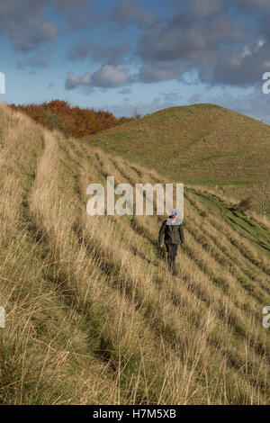 Cley Hill, Warminster, Wiltshire, UK. 6. November 2016. Am frühen Morgen Frost wich einer glorreichen frühen Nachmittag Sonnenschein über der antiken Landschaft-Funktion in der Nähe von Longleat Safari Park. Wanderer trotzten die frischen und windigen Bedingungen auf dem Gipfel der historischen Wallburg in atemberaubende Aussicht über die Landschaft Wiltshire zu. Bildnachweis: Wayne Farrell/Alamy Live-Nachrichten Stockfoto