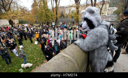 Mehrere Hundert Aktivisten, Tierkostüme, beteiligte sich an einer Demonstration gegen Pelzfarmen in der Mitte, 6. November 2016 tragen. Nächste Woche ist der Abgeordnetenkammer zu beginnen, über eine Änderung des Gesetzes über den Schutz der Tiere und verhindert Grausamkeit zu ihnen, die Pelzfarmen verbieten würde. Züchter der Nerze und Füchse für Pelz haben der Änderungsantrag abgelehnt. Teilnehmer in der Marsch, der Bild-Tier-Protektoren-Vereinigung trugen Transparente mit Parolen gegen Pelz Tierzucht. Stockfoto