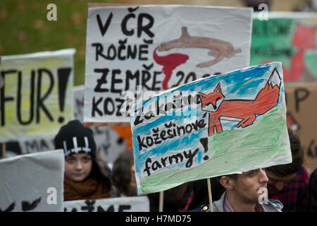 Mehrere Hundert Aktivisten, Tierkostüme, beteiligte sich an einer Demonstration gegen Pelzfarmen in der Mitte, 6. November 2016 tragen. Nächste Woche ist der Abgeordnetenkammer zu beginnen, über eine Änderung des Gesetzes über den Schutz der Tiere und verhindert Grausamkeit zu ihnen, die Pelzfarmen verbieten würde. Züchter der Nerze und Füchse für Pelz haben der Änderungsantrag abgelehnt. Teilnehmer in der Marsch, der Bild-Tier-Protektoren-Vereinigung trugen Transparente mit Parolen gegen Pelz Tierzucht. Stockfoto