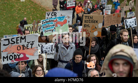 Mehrere Hundert Aktivisten, Tierkostüme, beteiligte sich an einer Demonstration gegen Pelzfarmen in der Mitte, 6. November 2016 tragen. Nächste Woche ist der Abgeordnetenkammer zu beginnen, über eine Änderung des Gesetzes über den Schutz der Tiere und verhindert Grausamkeit zu ihnen, die Pelzfarmen verbieten würde. Züchter der Nerze und Füchse für Pelz haben der Änderungsantrag abgelehnt. Teilnehmer in der Marsch, der Bild-Tier-Protektoren-Vereinigung trugen Transparente mit Parolen gegen Pelz Tierzucht. Stockfoto