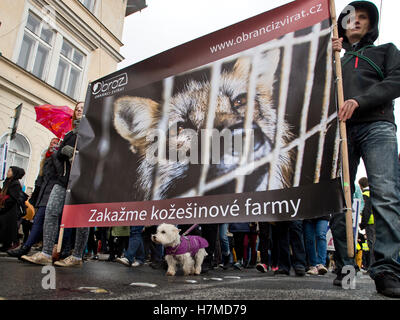 Mehrere Hundert Aktivisten, Tierkostüme, beteiligte sich an einer Demonstration gegen Pelzfarmen in der Mitte, 6. November 2016 tragen. Nächste Woche ist der Abgeordnetenkammer zu beginnen, über eine Änderung des Gesetzes über den Schutz der Tiere und verhindert Grausamkeit zu ihnen, die Pelzfarmen verbieten würde. Züchter der Nerze und Füchse für Pelz haben der Änderungsantrag abgelehnt. Teilnehmer in der Marsch, der Bild-Tier-Protektoren-Vereinigung trugen Transparente mit Parolen gegen Pelz Tierzucht. Stockfoto