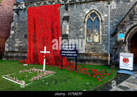 Warminster, Wiltshire, UK. 7. November 2016. Tausende von handgestrickte Mohn Kaskade von St. Lawrence-Kapelle in den Markt der Stadt Warminster, Wiltshire, um Briten zu gedenken und Commonwealth gefallen Soldaten Credit: Andrew Harker/Alamy Live News Stockfoto