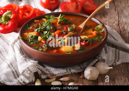 Hausgemachte ungarische Gulasch Suppe Bogracs Nahaufnahme in einer Schüssel auf dem Tisch. horizontale Stockfoto