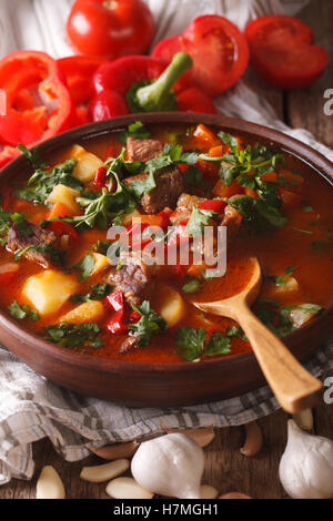 Traditionelle ungarische Gulasch Suppe Bogracs close-up in einer Schüssel auf dem Tisch. Vertikal Stockfoto