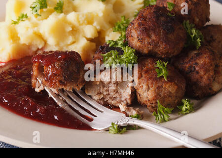 Schwedisches Essen: Frikadellen Kottbullar, Preiselbeer-Sauce und Kartoffelpüree auf einer Platte Makro. horizontale Stockfoto