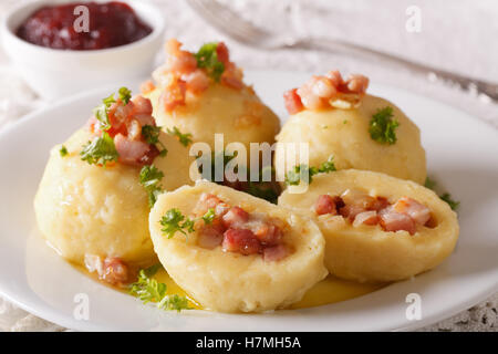 Kartoffelknödel mit Speck, Zwiebeln und Schinken Nahaufnahme auf einer Platte-Beeren-Sauce. horizontale Stockfoto