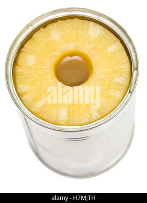 Öffnen der Dose Ananas isoliert auf weißem Hintergrund Stockfoto