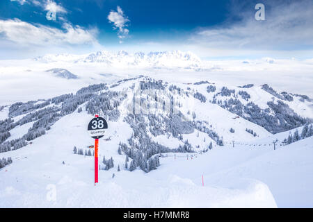 Bäumen fallenden Neuschnee im Skigebiet Tiroler Alpen Kitzbühel, Austra Stockfoto