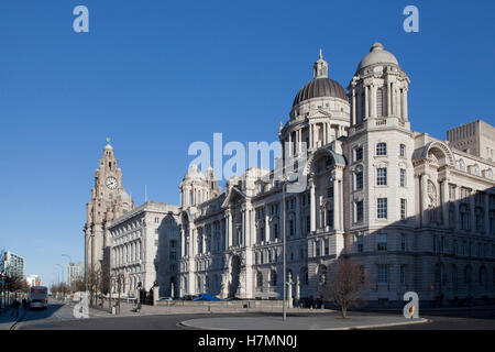 Die drei Grazien [das Royal Liver Building, dem cunard Building und der Hafen von Liverpool Gebäude] Liverpool, England, Grossbritannien Stockfoto