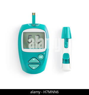 Cyan Glucometer und Spritze, Isolated on White Background Stockfoto