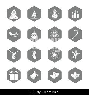 Weihnachten und Neujahr Symbolsatz Vektor-Illustration - graues Sechseck Stock Vektor