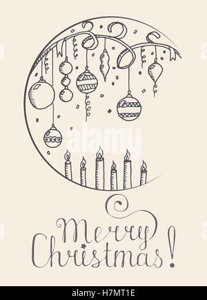 Weihnachten und Neujahr Vektor Grußkarte mit Weihnachtsschmuck, Kerzen und Bändern Stock Vektor