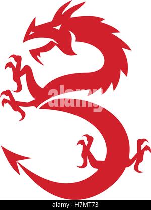 Abbildung einer Silhouette eines roten Drachen tänzelnden gesehen von der Seite auf isolierten weißen Hintergrund getan im retro-Stil festgelegt. Stock Vektor