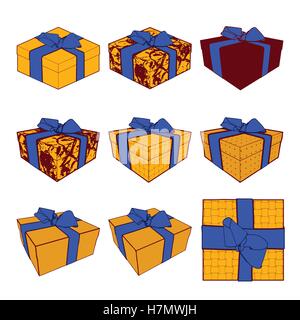 Reihe von bunten Geschenkboxen mit Schleifen und Bänder. Vektor-Illustration-Sammlung Stock Vektor