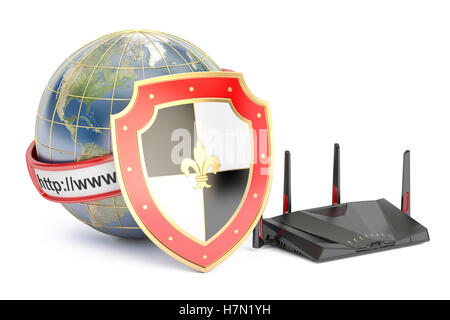 Erde mit Schild und Router, Internet schützen Konzept. 3D-Rendering Stockfoto