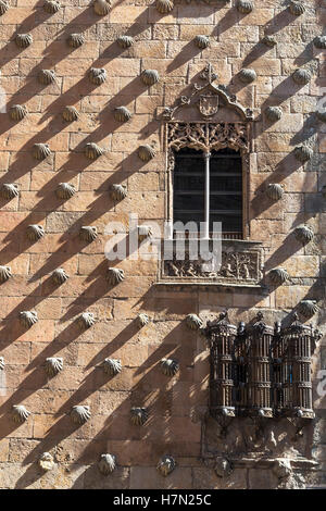 Schmiedeeisen Windows und dekorativer Stein arbeiten auf das 16. Jh. Casa De Las Conchas, Salamanca, Spanien. Stockfoto