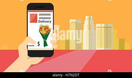 Hand halten Handy Smartphone-Anwendung online-Blume Lieferung Banner flache Vektor-Illustration Stock Vektor