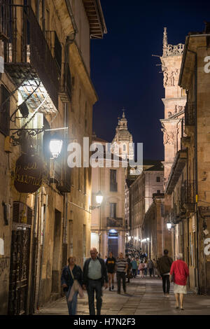 Am Abend Paseo auf der Compania, mit Blick auf den Palacio de Monterrey und die Kathedrale, Salamanca, Spanien. Stockfoto