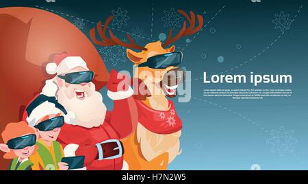 Santa Klausel Rentier Elf Gruppe tragen digitale Brille Virtual Reality Frohe Weihnachten Frohes neues Jahr flache Vektor-Illustration Stock Vektor