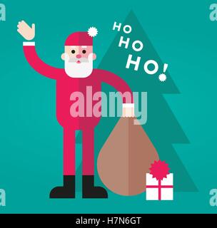 Flache Vektor-Illustration von Santa Claus mit einer Tasche voller Geschenke / Geschenke und Weihnachten Baum im Hintergrund Stock Vektor