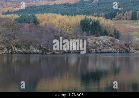 Reflexionen der Bäume am Loch Lubhair, Schottland im Herbst Stockfoto