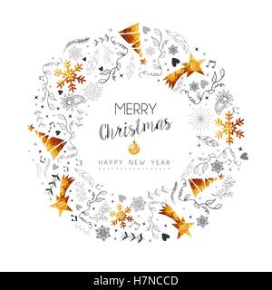 Frohe Weihnachten-Neujahr Kranz Dekoration mit gold Urlaub Ornamente und hand gezeichnete Natur Ikonen. EPS10 Vektor. Stock Vektor