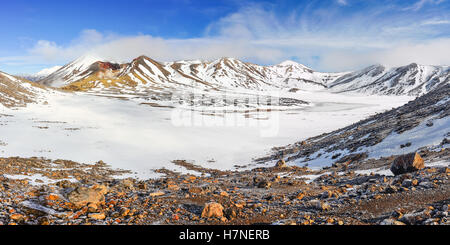 Panoramablick über den Zentralkrater im Winter Tongariro Alpine Crossing, Neuseeland Stockfoto