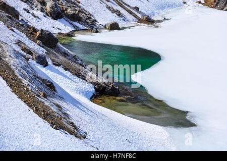 Bunte Emerald Lakes im Winter Tongariro Alpine Crossing, Neuseeland Stockfoto