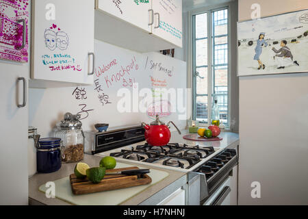 Pantry-Küche in Midtown Manhattan mit Kunstwerken auf Schränke, NYC, USA Stockfoto