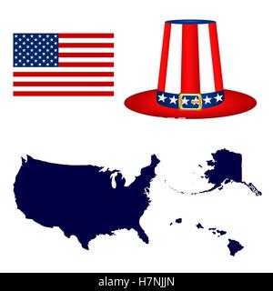 Karte der USA mit einem Hut und Fahne auf weißem Hintergrund Stock Vektor