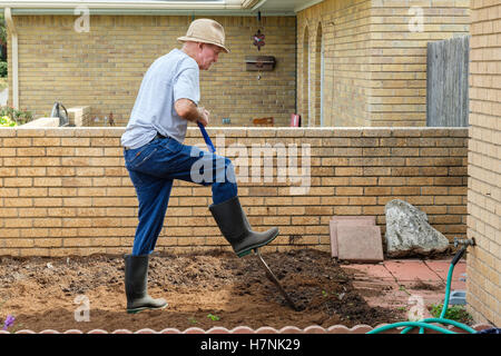 Ein 78 Jahre Alter kaukasischen Mann gräbt Düngemittel in einen Blumengarten Raum für nächstes Frühjahr Pflanzungen. Oklahoma, USA... Stockfoto