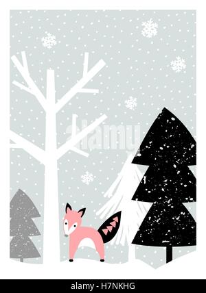 Weihnachtsgrußkarte design mit Bäumen, Schneeflocken und einem niedlichen Fuchs in Pastellfarben. Moderne Winter Saison Plakat, Broschüre, wa Stock Vektor
