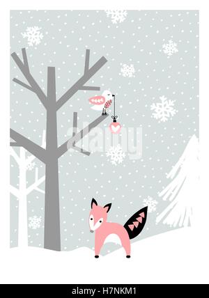 Weihnachtsgrußkarte design mit Bäumen, Schneeflocken, ein Vogel und einem niedlichen Fuchs in Pastellfarben. Moderne Winter Saison Plakat, broc Stock Vektor