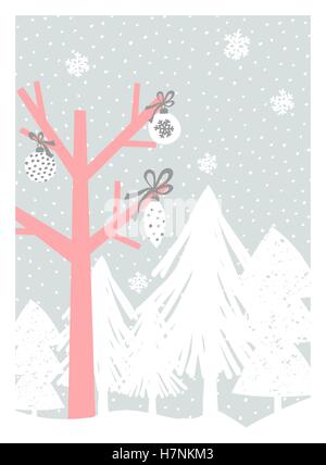 Weihnachtsgrußkarte design mit Bäumen, Schneeflocken und Weihnachtsdekoration in Pastellfarben. Moderne Winter Saison Plakat, br Stock Vektor