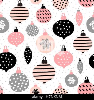 Nahtlose wiederholendes Muster mit strukturierten Christbaumkugeln in schwarz, Pastell rosa und grau auf weißem Hintergrund. Modern und Herkunft Stock Vektor