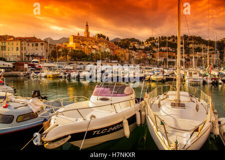 Marina und die Altstadt mit der Basilika von Saint Michel Archange. Menton. Provence-Alpes-Cote d ' Azur. Côte d ' Azur. Frankreich. Stockfoto